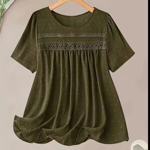 Women's Swiss dot olive green crochet trim Top 1X 18 20 Plus